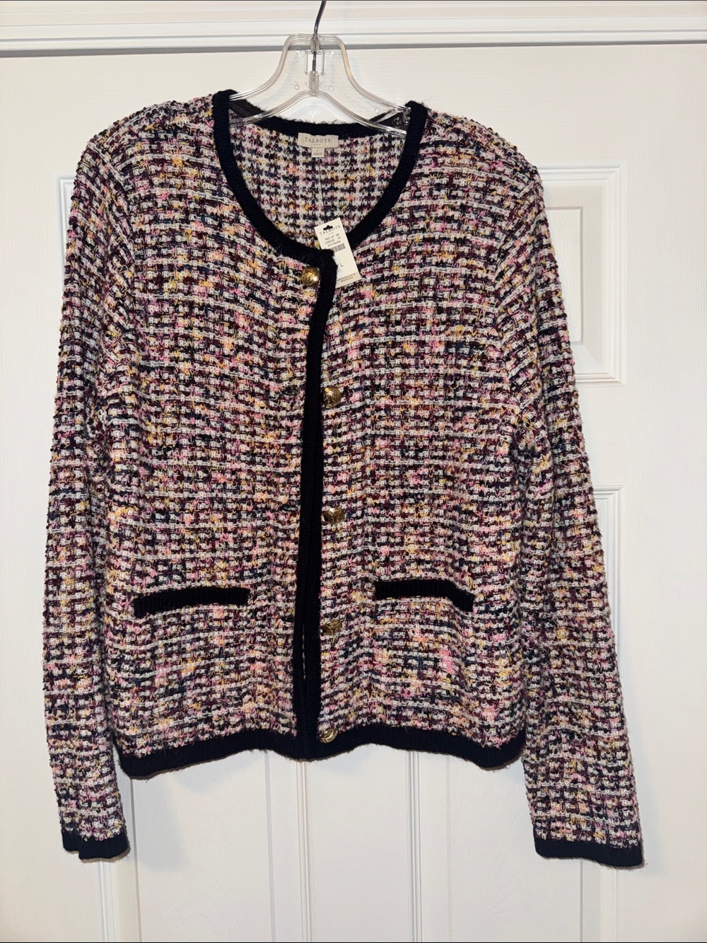 Classic Tweed Button-Front Jacket in Multi Purple and Pink